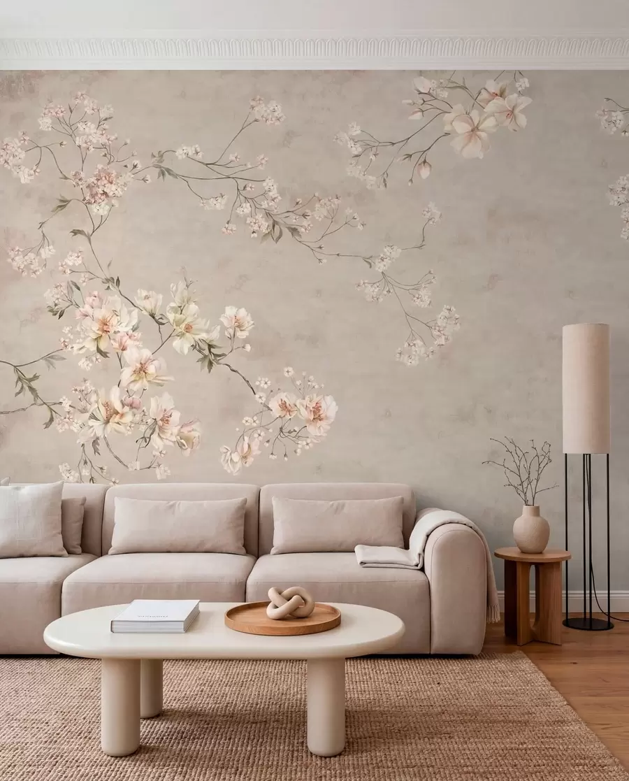 murales de pared Ramas florales delicadas de estilo chinoiserie sobre fondo claro w05427