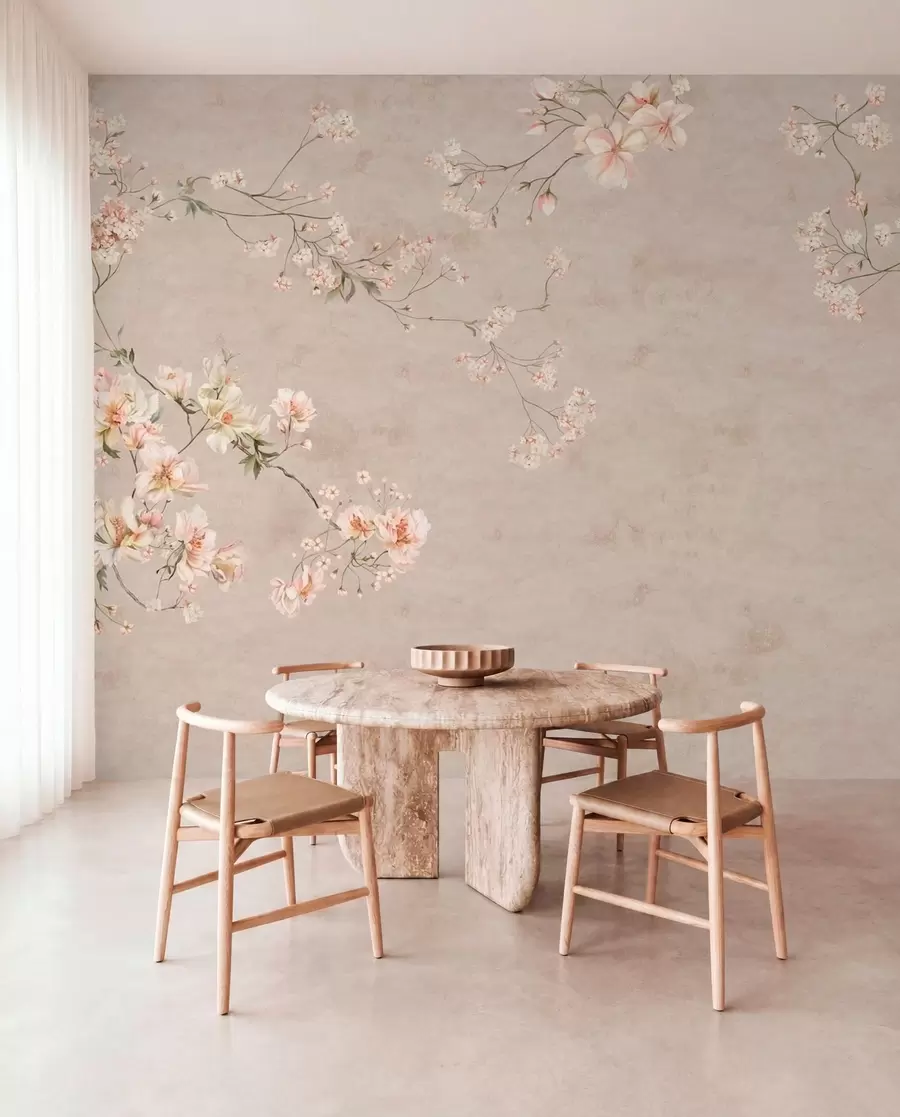 murales de pared Ramas florales delicadas de estilo chinoiserie sobre fondo claro w05427