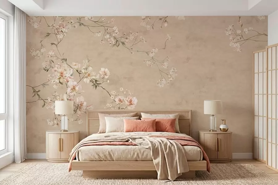 murales de pared Ramas florales de estilo chinoiserie sobre un fondo beige cálido w05427v2