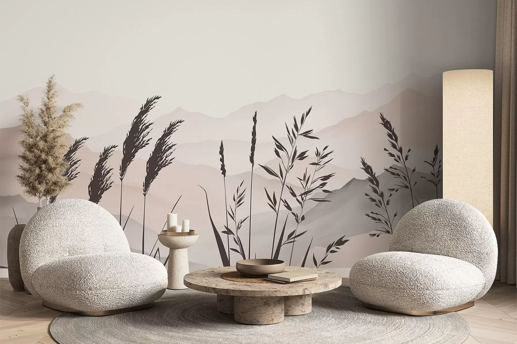 murales de pared Siluetas de hierba con las montañas de fondo w05501