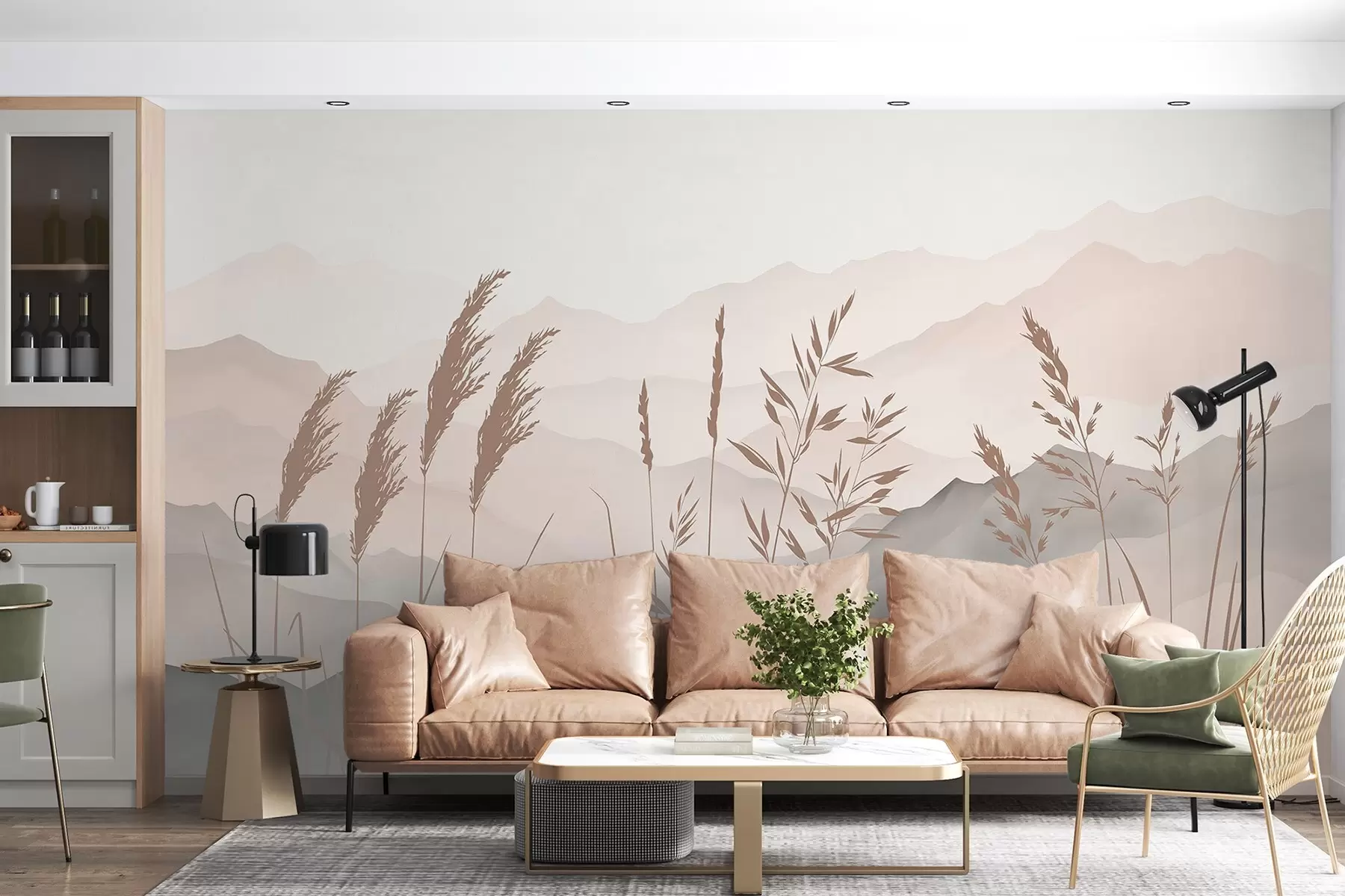 murales de pared Siluetas de hierba con las montañas de fondo w05501v1