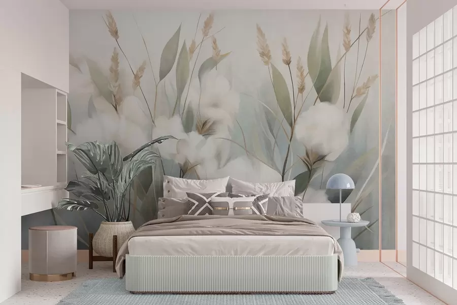 murales de pared Flores secas blancas y hierba alta sobre un fondo suave y tenue, pintadas en estilo impresionista w09823