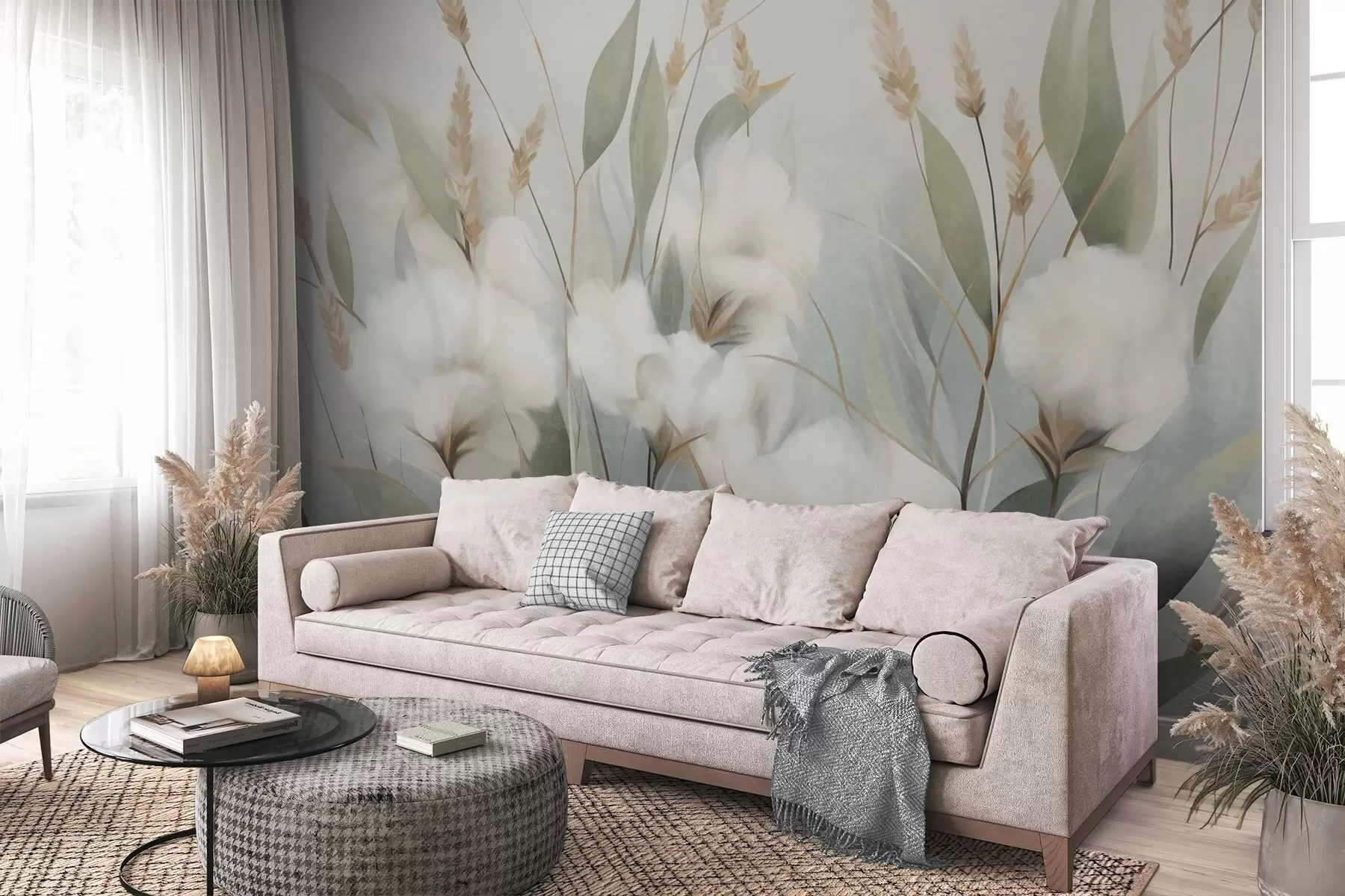 murales de pared Flores secas blancas y hierba alta sobre un fondo suave y tenue, pintadas en estilo impresionista w09823