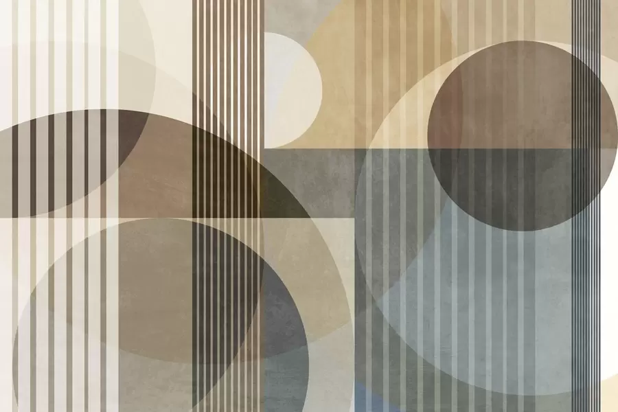 murales de pared Formas geométricas abstractas con círculos y líneas, tonos tierra apagados, composición con texturas y capas w09834