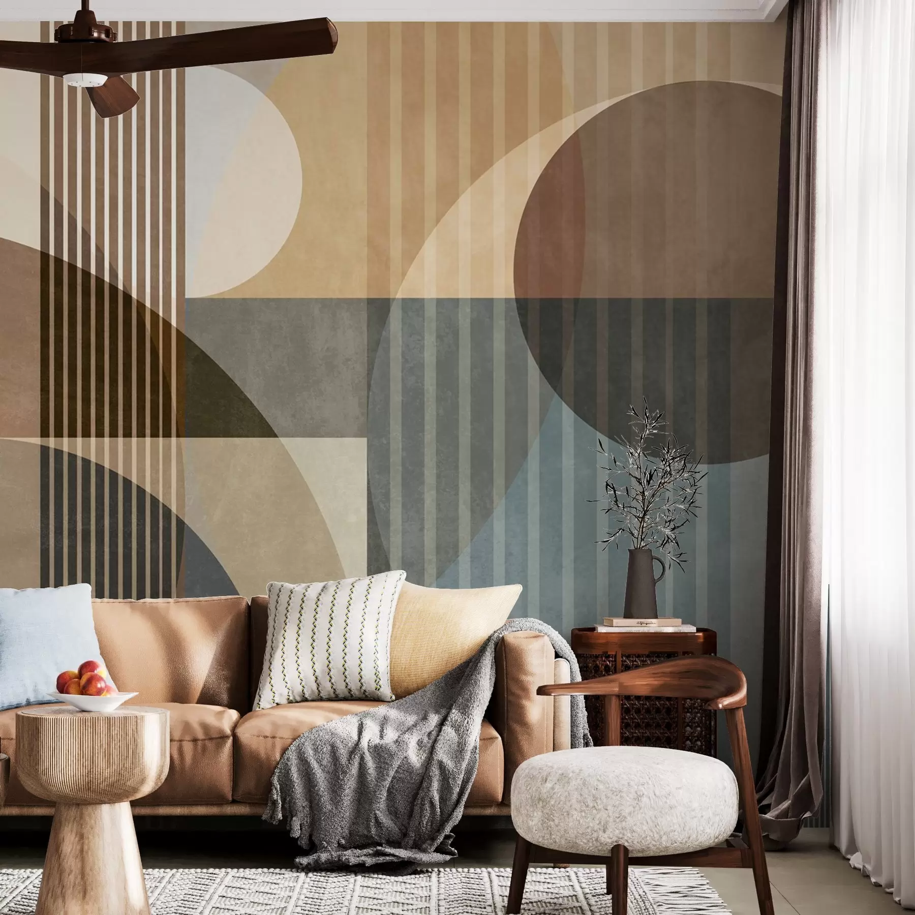murales de pared Formas geométricas abstractas con círculos y líneas, tonos tierra apagados, composición con texturas y capas w09834