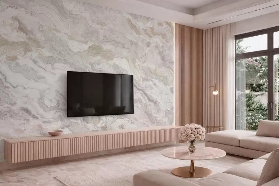 murales de pared Ónix claro con capas fluidas en tonos beige y gris w05430