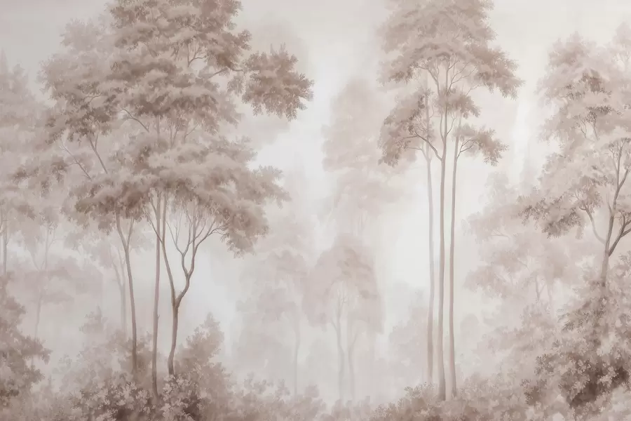 murales de pared Paisaje forestal abstracto en tonos beige ahumados que transmite una sensación de profundidad w09657