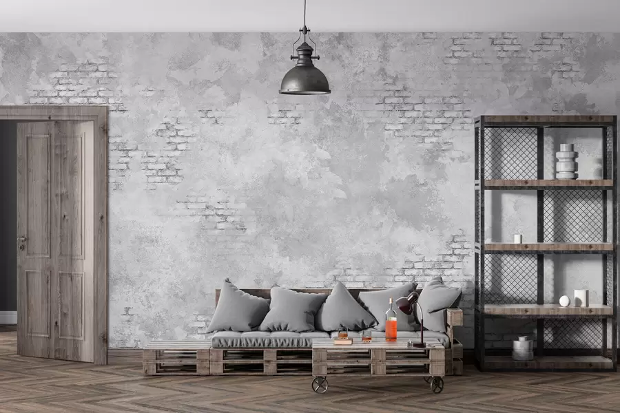 murales de pared Yeso gris de estilo grunge con zonas de ladrillo visto w05161v2