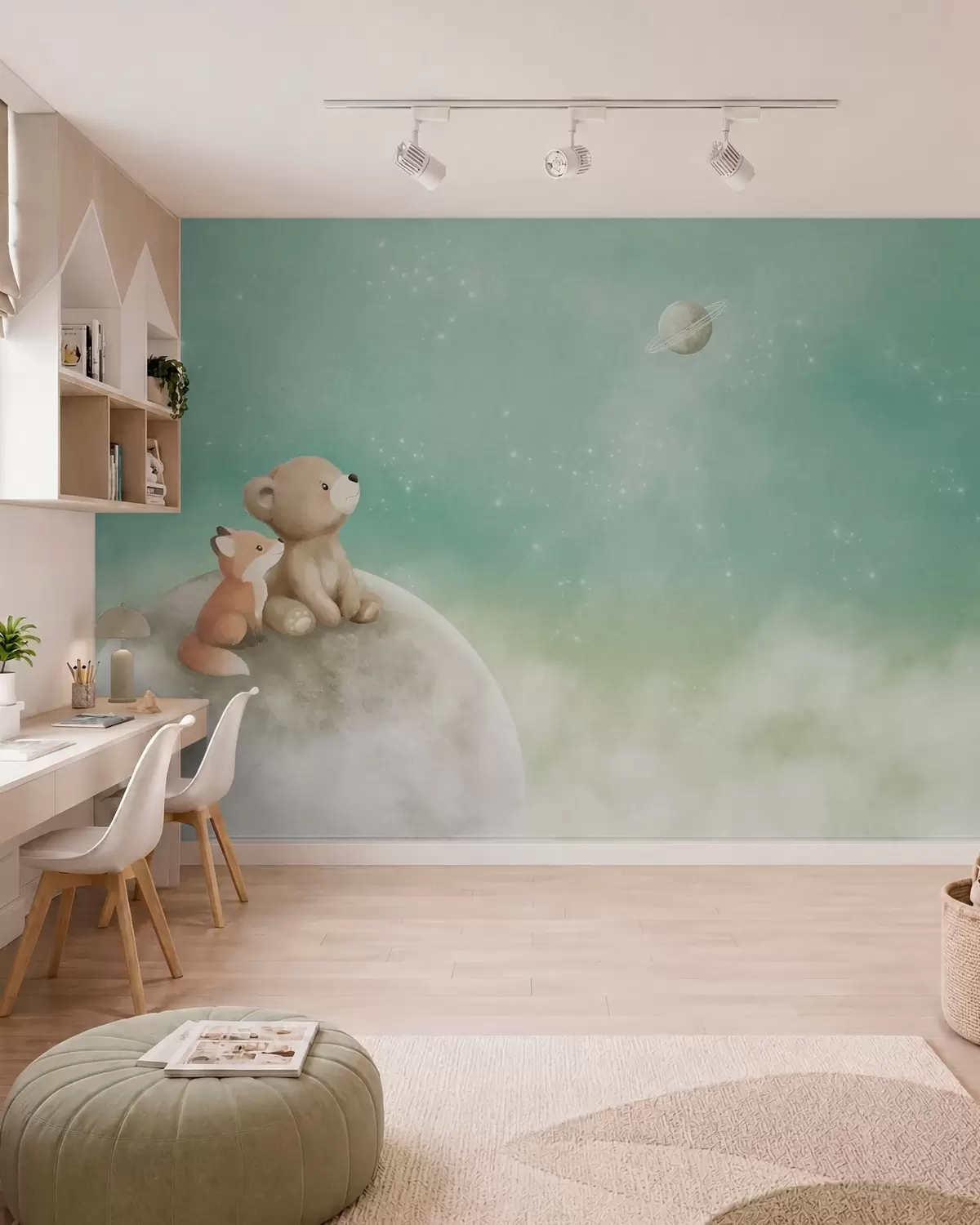 murales de pared Ilustración al pastel de un oso y un zorro bajo un cielo verde w05431v1