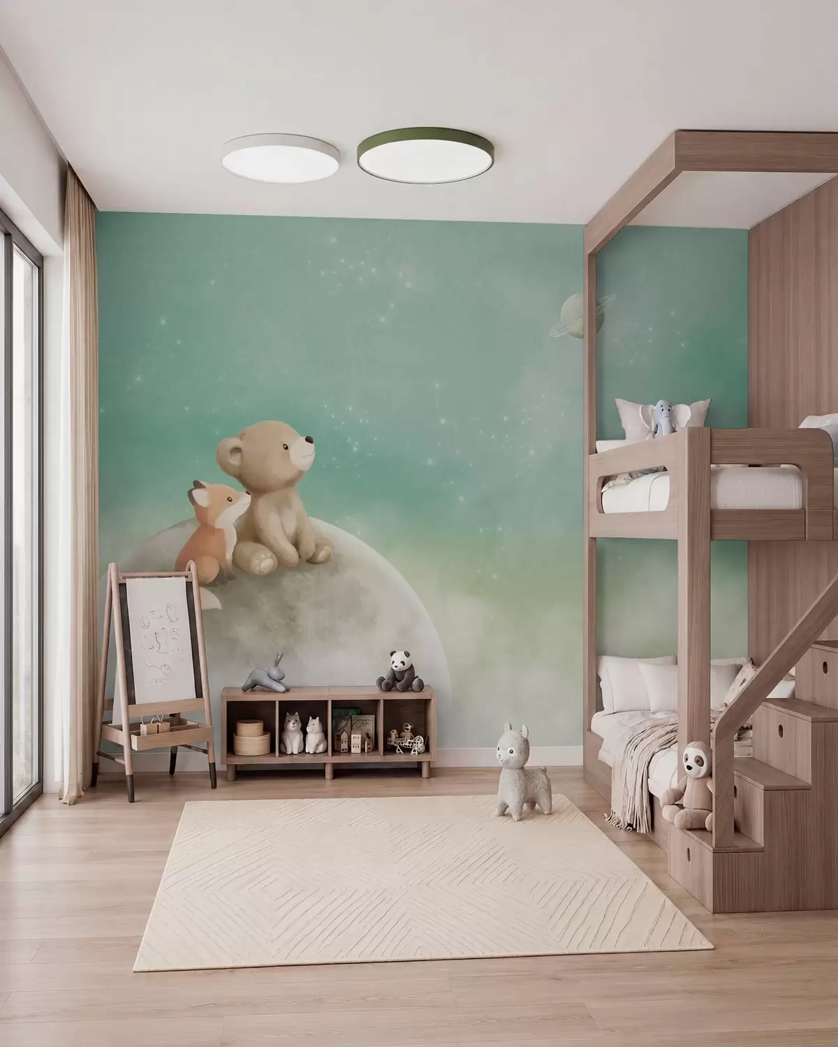 murales de pared Ilustración al pastel de un oso y un zorro bajo un cielo verde w05431v1