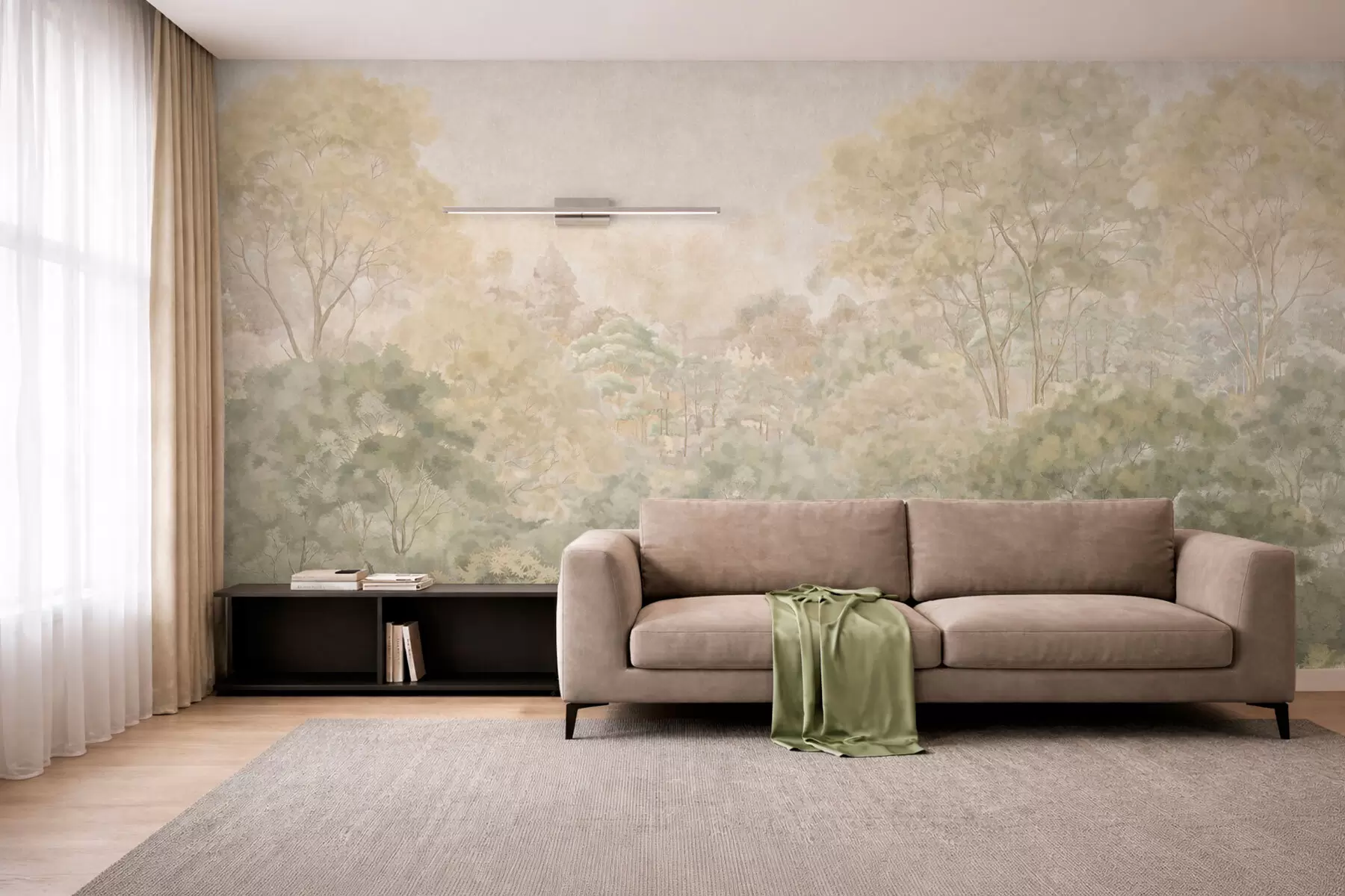 murales de pared Paisaje forestal de estilo vintage en tonos verdes apagados w05433