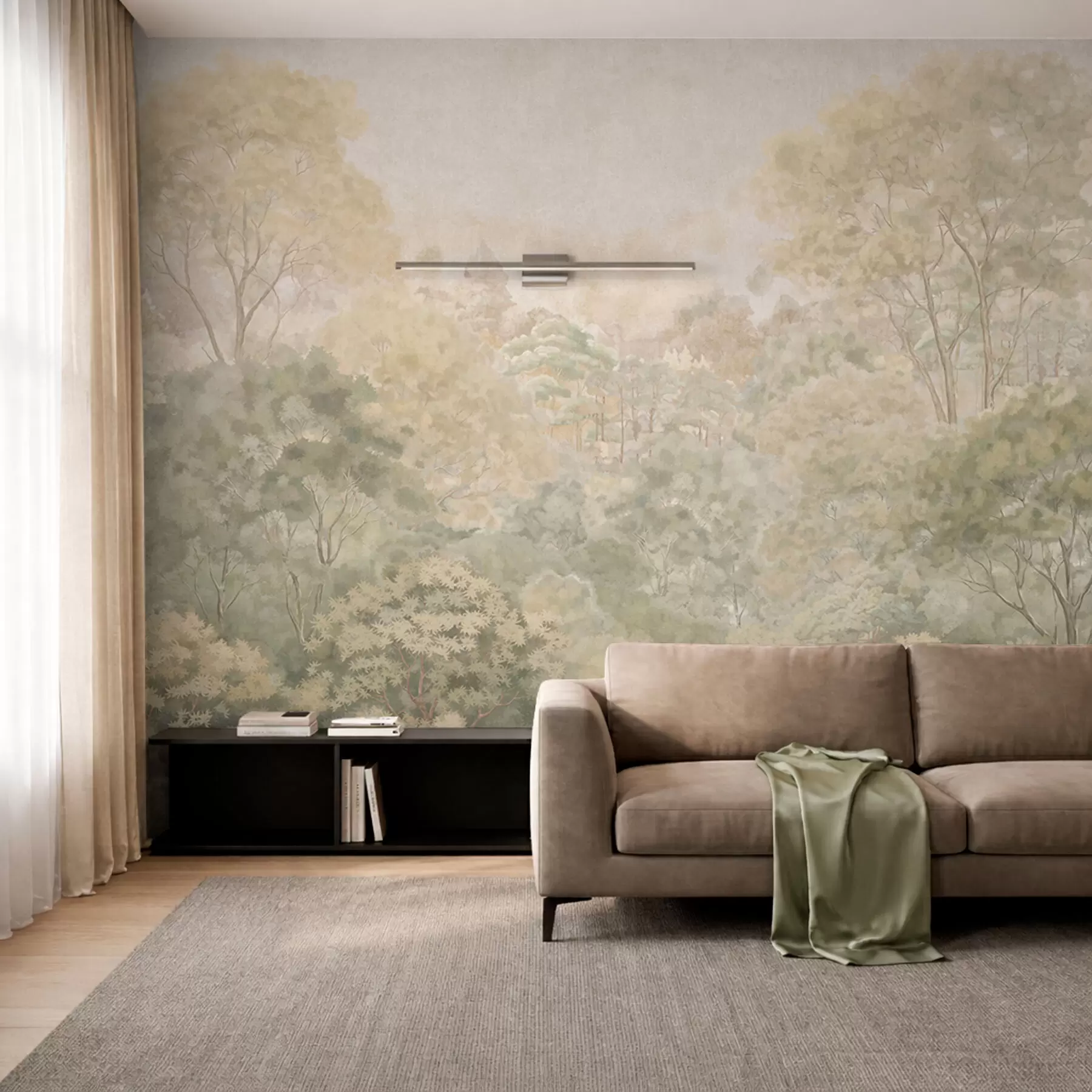 murales de pared Paisaje forestal de estilo vintage en tonos verdes apagados w05433