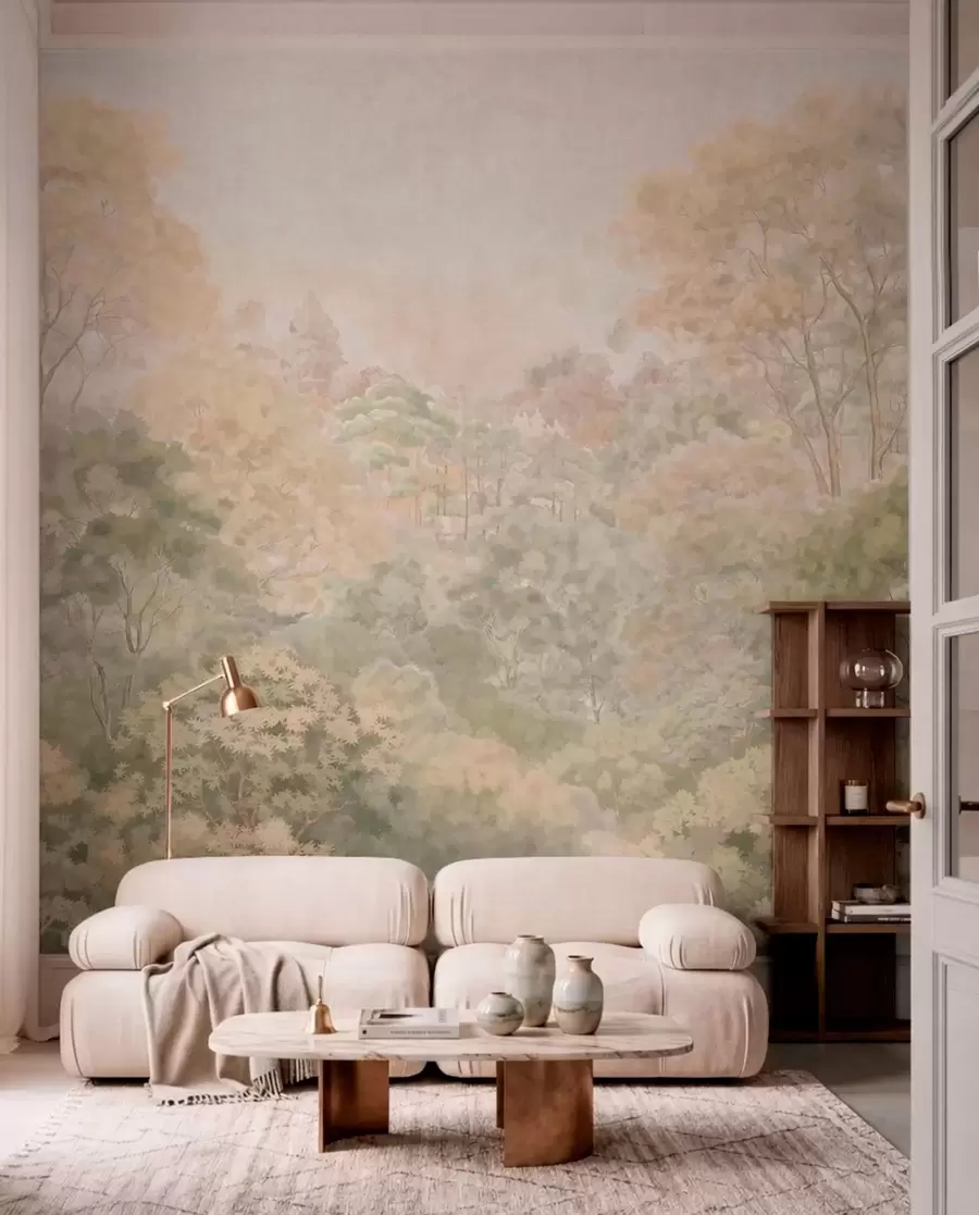 murales de pared Paisaje forestal de estilo vintage en tonos verdes apagados w05433