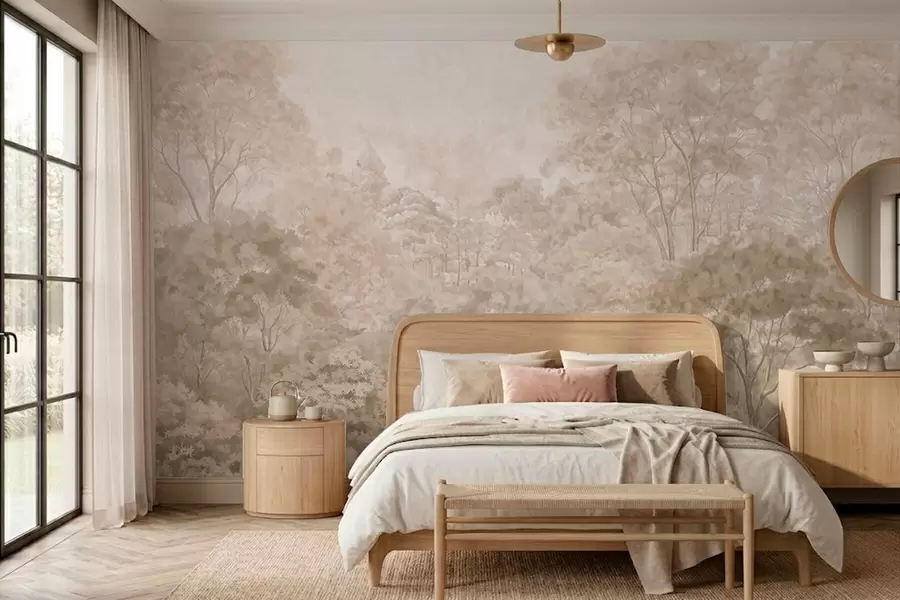 murales de pared Paisaje forestal de estilo vintage en cálidos tonos beige w05433v1