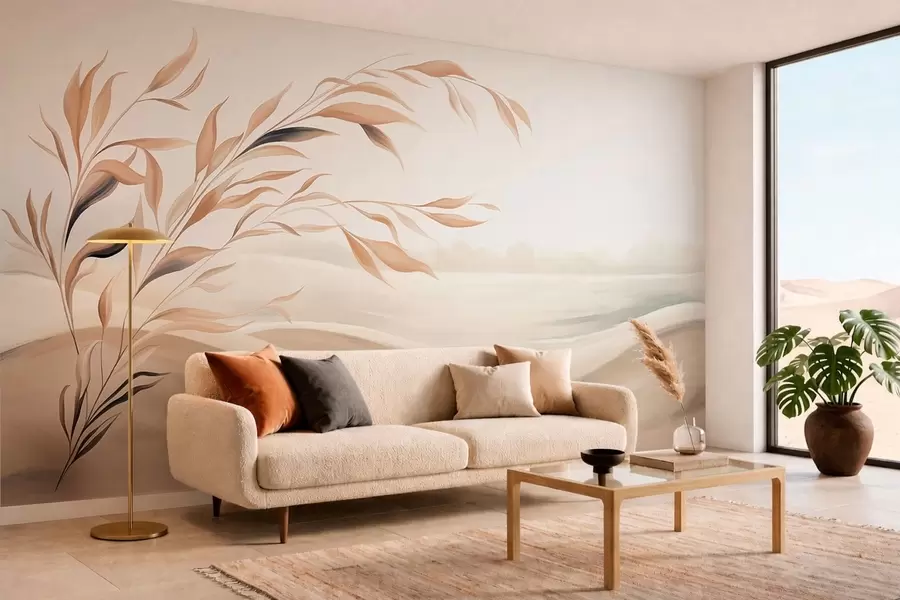 murales de pared Un paisaje apacible con una rama sobre las colinas, en tonos beige claro w05297