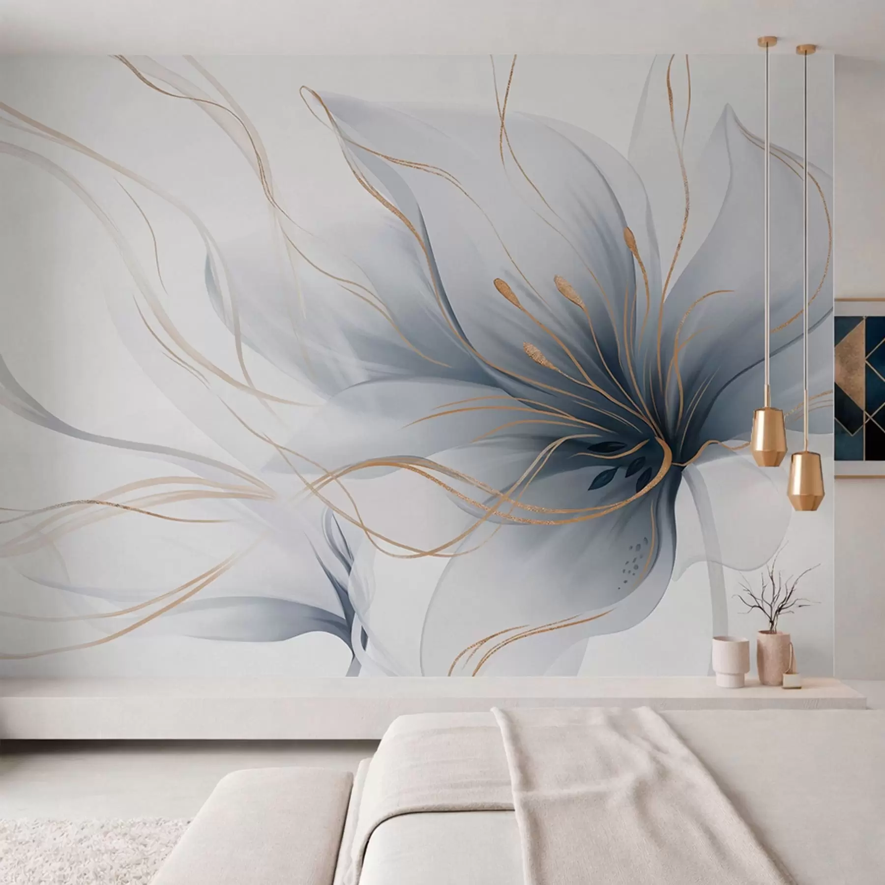 murales de pared Una flor azul abstracta con líneas fluidas al estilo del arte fluido w05428