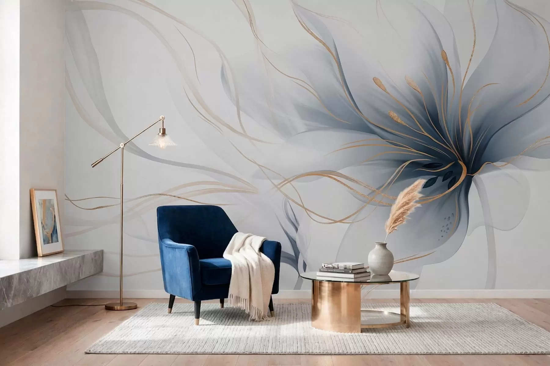 murales de pared Una flor azul abstracta con líneas fluidas al estilo del arte fluido w05428