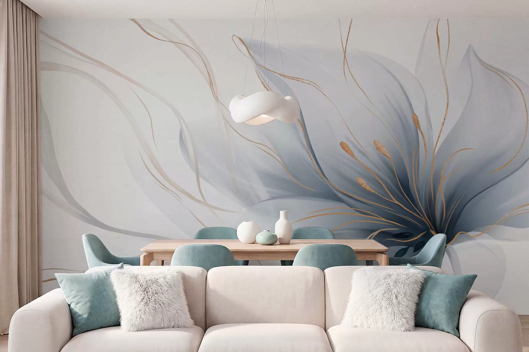 murales de pared Una flor azul abstracta con líneas fluidas al estilo del arte fluido w05428