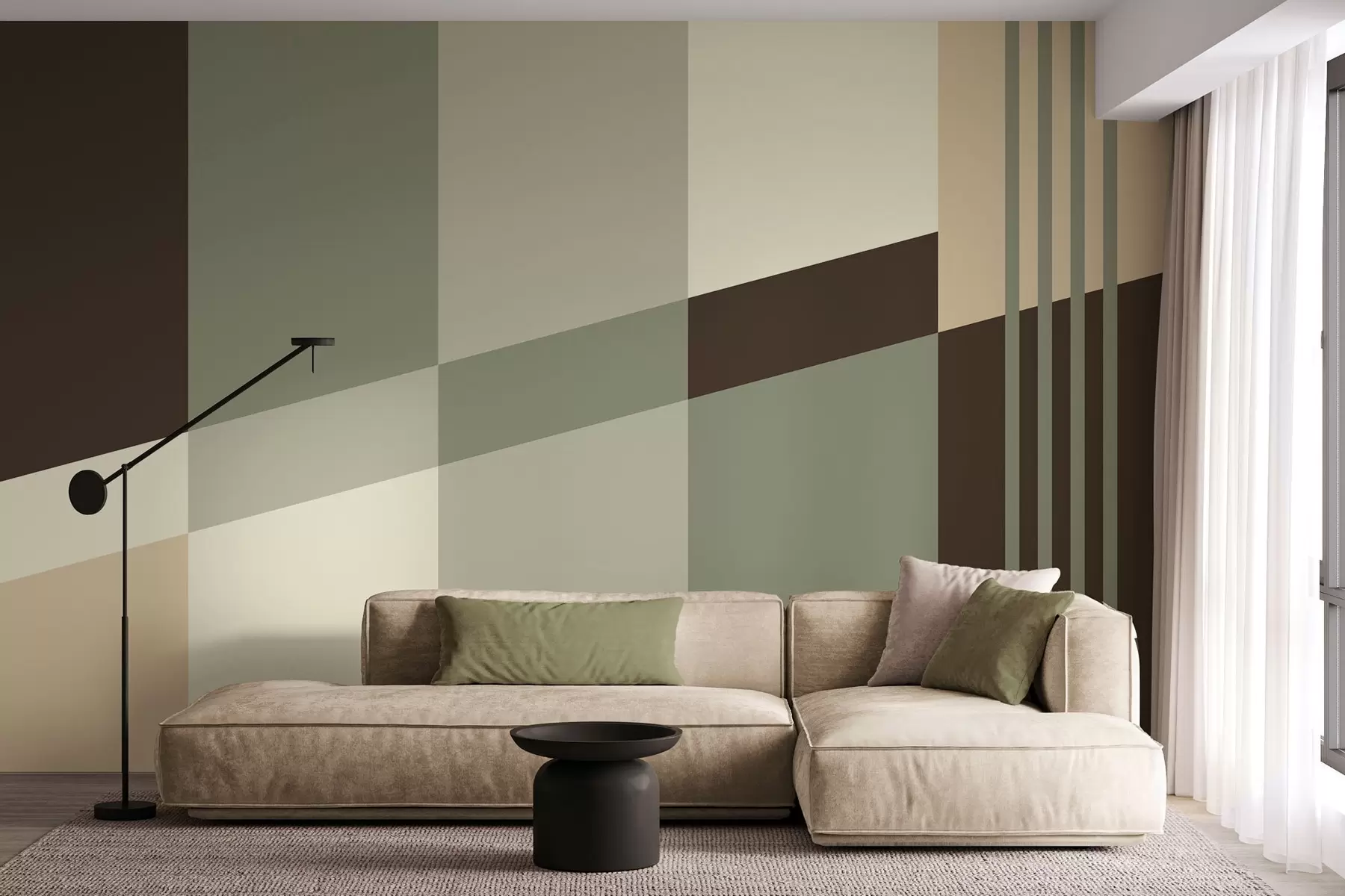murales de pared Diseños geométricos discretos en tonos oliva, beige y marrón w05390