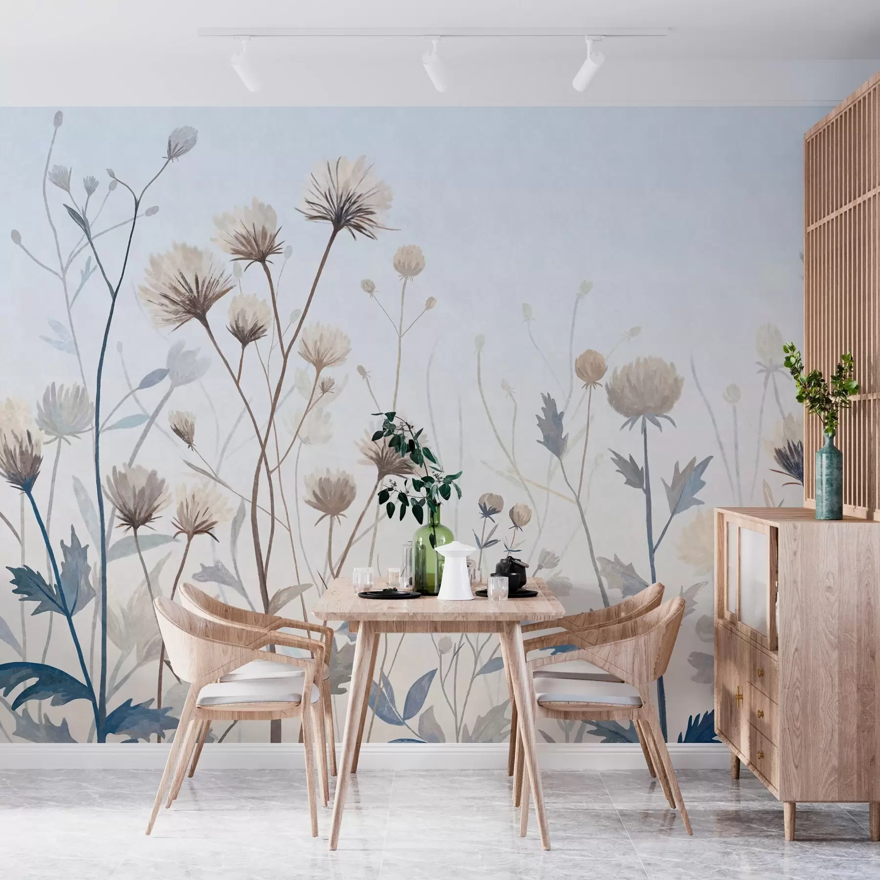 murales de pared Hierbas y flores silvestres pintadas en un estilo paisajístico sobre un fondo claro w05563
