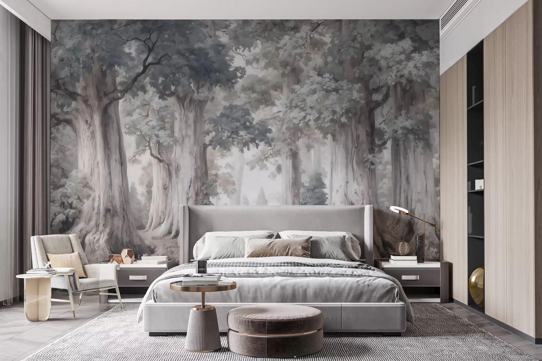 murales de pared Un bosque de cuento de hadas con árboles altos y una paleta de colores suaves y tenues, al estilo de la acuarela w09849