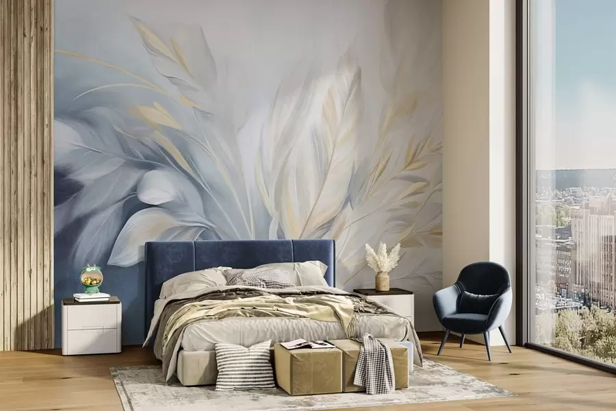 murales de pared Plumas con textura y detalles en amarillo, sobre un fondo suave de azul claro y blanco w09826