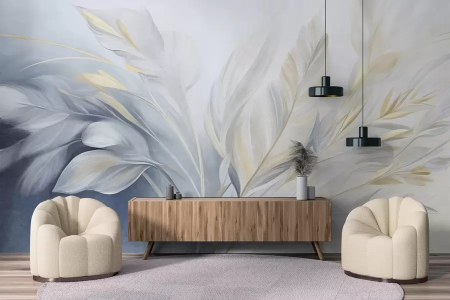 murales de pared Plumas con textura y detalles en amarillo, sobre un fondo suave de azul claro y blanco w09826
