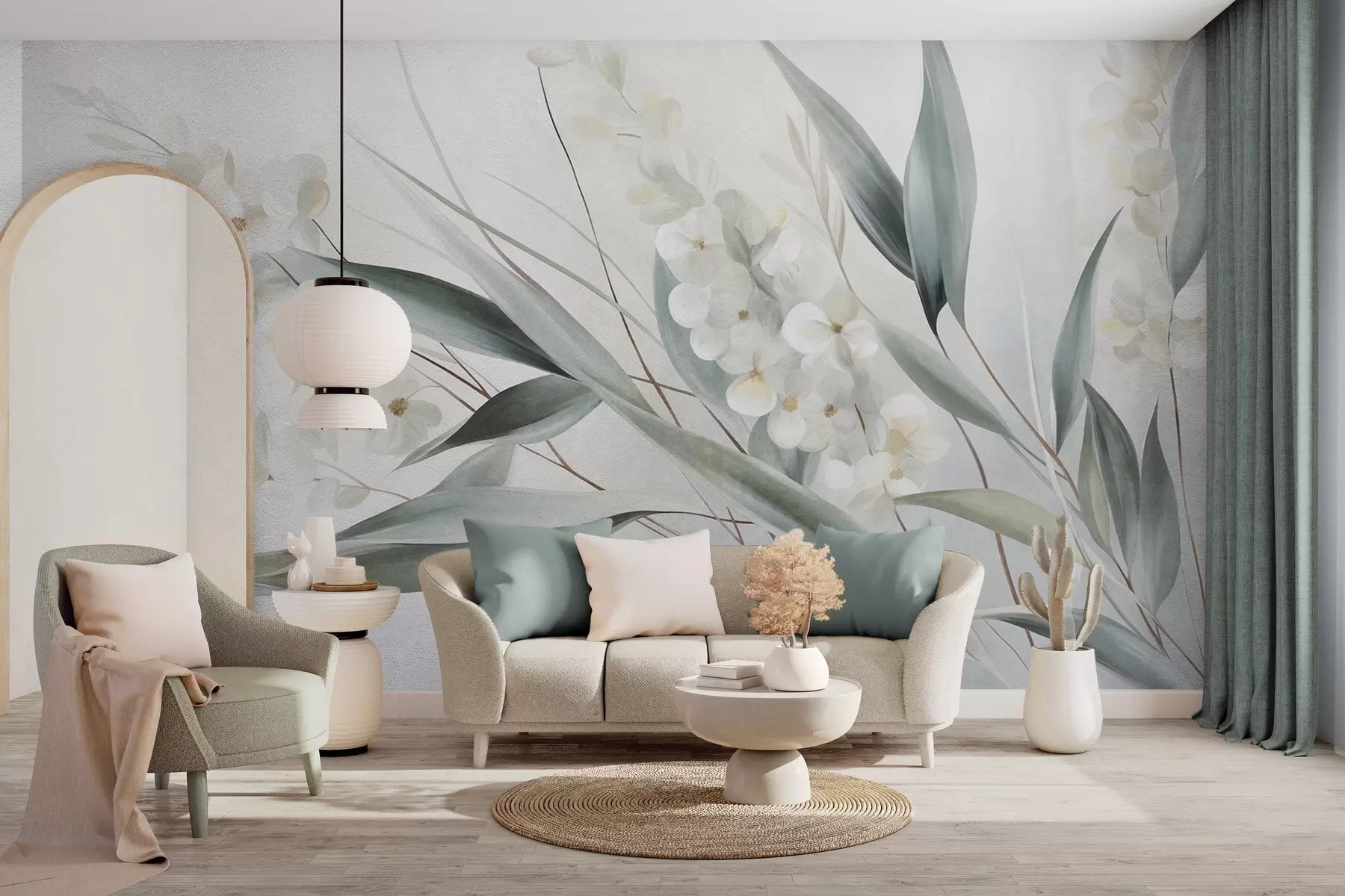 murales de pared Flores delicadas y largas hojas verdes en un estilo pictórico con sutiles pinceladas, obra de arte con textura w09827