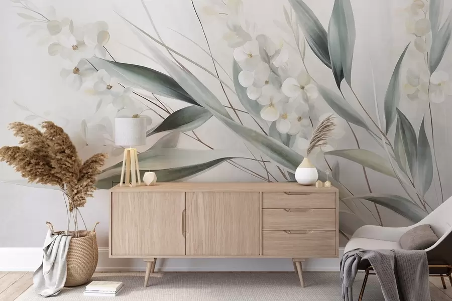 murales de pared Flores delicadas y largas hojas verdes en un estilo pictórico con sutiles pinceladas, obra de arte con textura w09827