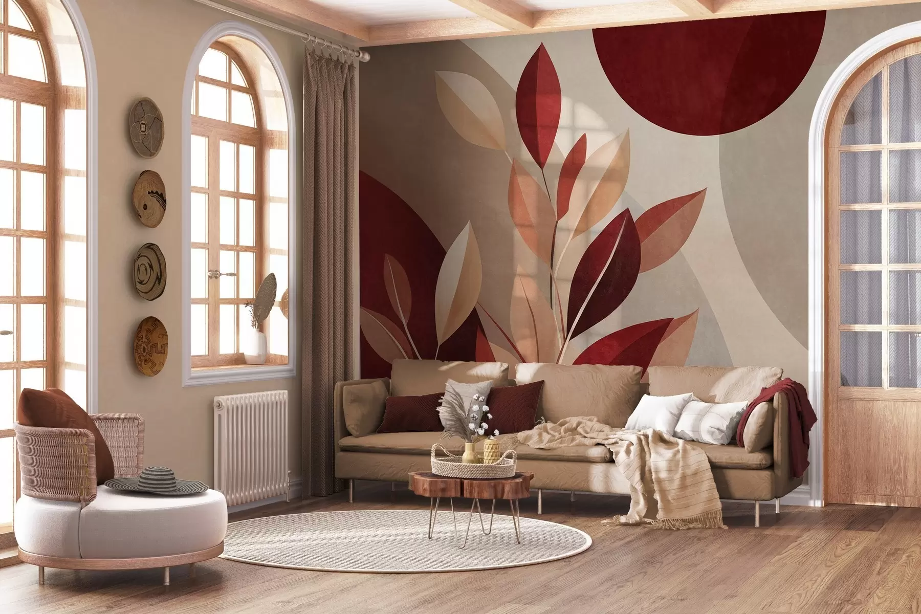 murales de pared Hojas con textura en tonos burdeos y beige sobre un fondo de formas abstractas, minimalismo y arte moderno w09829
