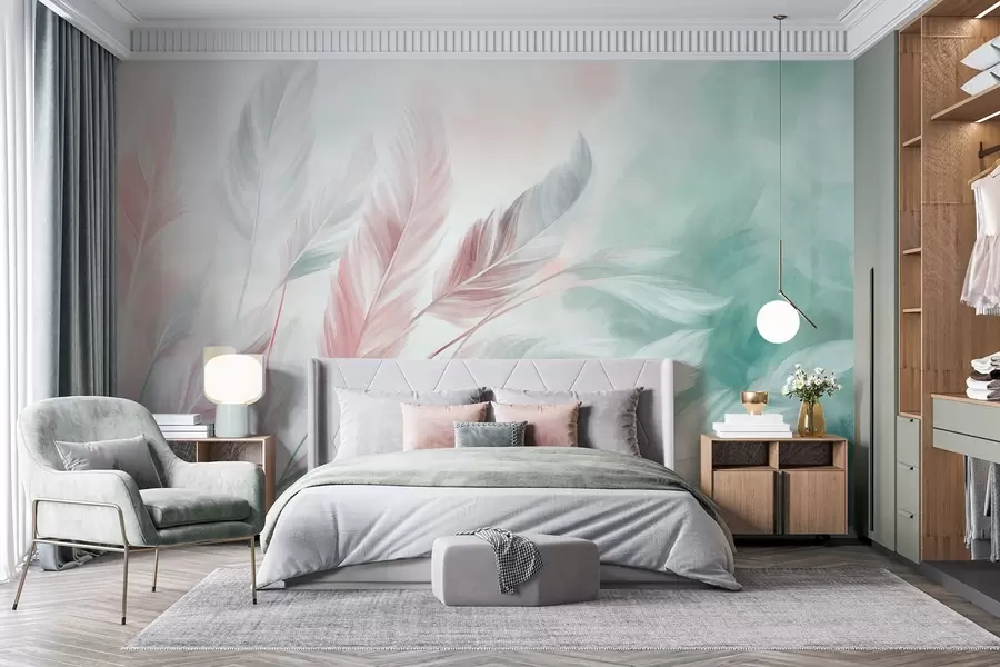 murales de pared Plumas en tonos pastel con textura y bordes suaves y difuminados, sobre un fondo de estilo acuarela w09833v1