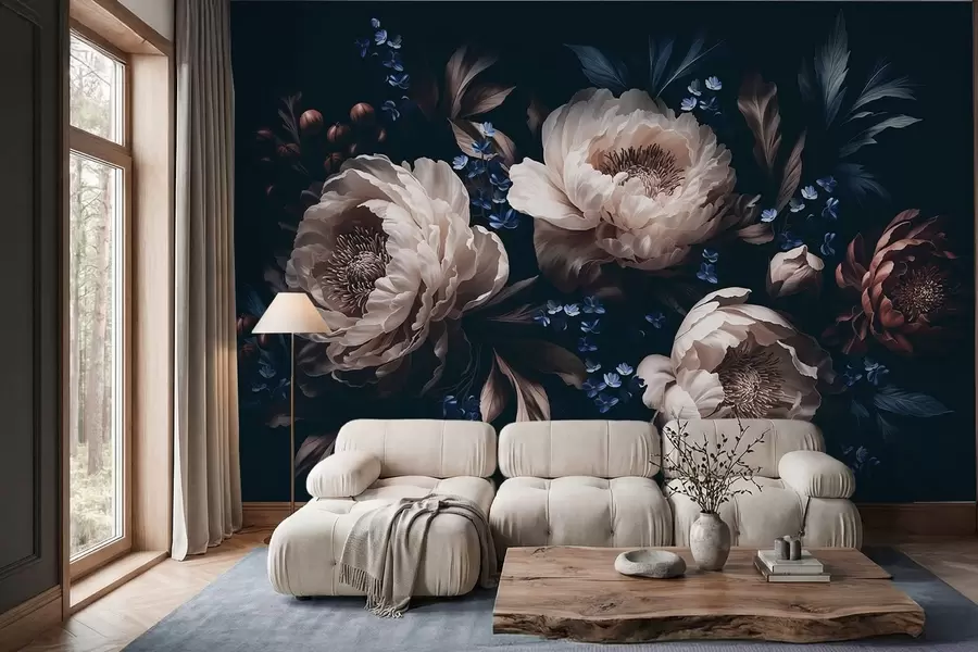 murales de pared Composición floral en tonos oscuros con flores y hojas grandes w05533
