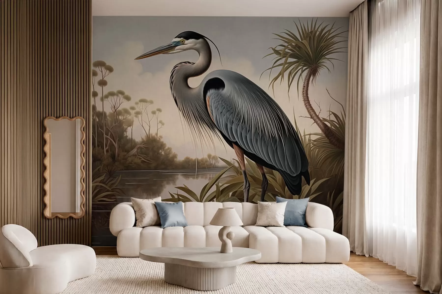 murales de pared Una garza junto al agua, entre las plantas de la orilla w05572