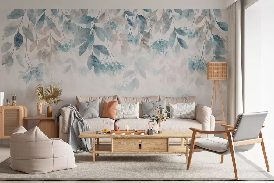 murales de pared hojas con textura que caen en cascada, con flores en tonos turquesa y beige w05565