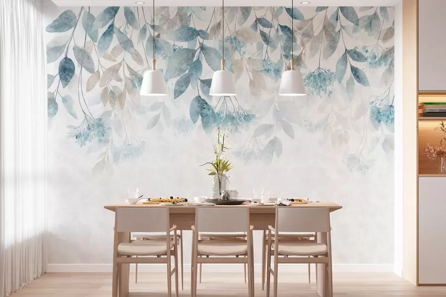murales de pared hojas con textura que caen en cascada, con flores en tonos turquesa y beige w05565