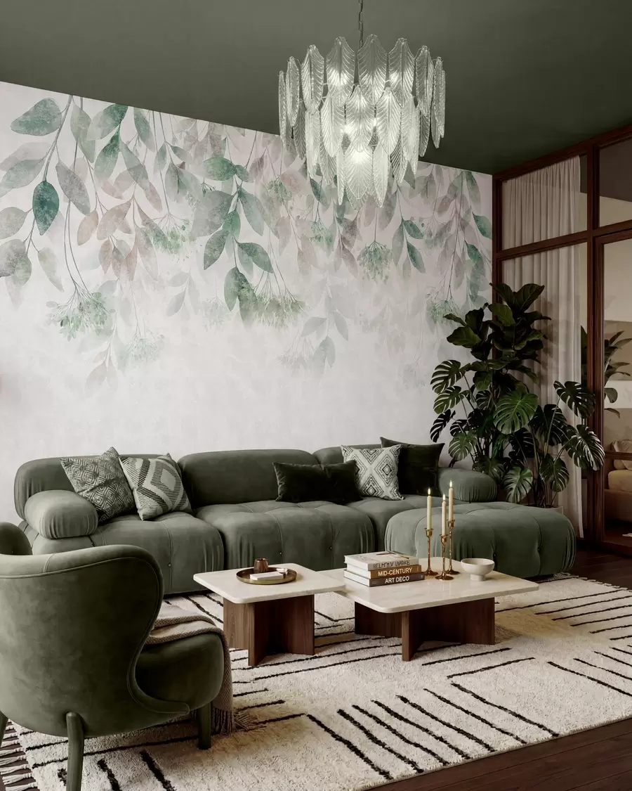 murales de pared hojas con textura y en cascada, con flores en tonos verdes y beige w05565v2