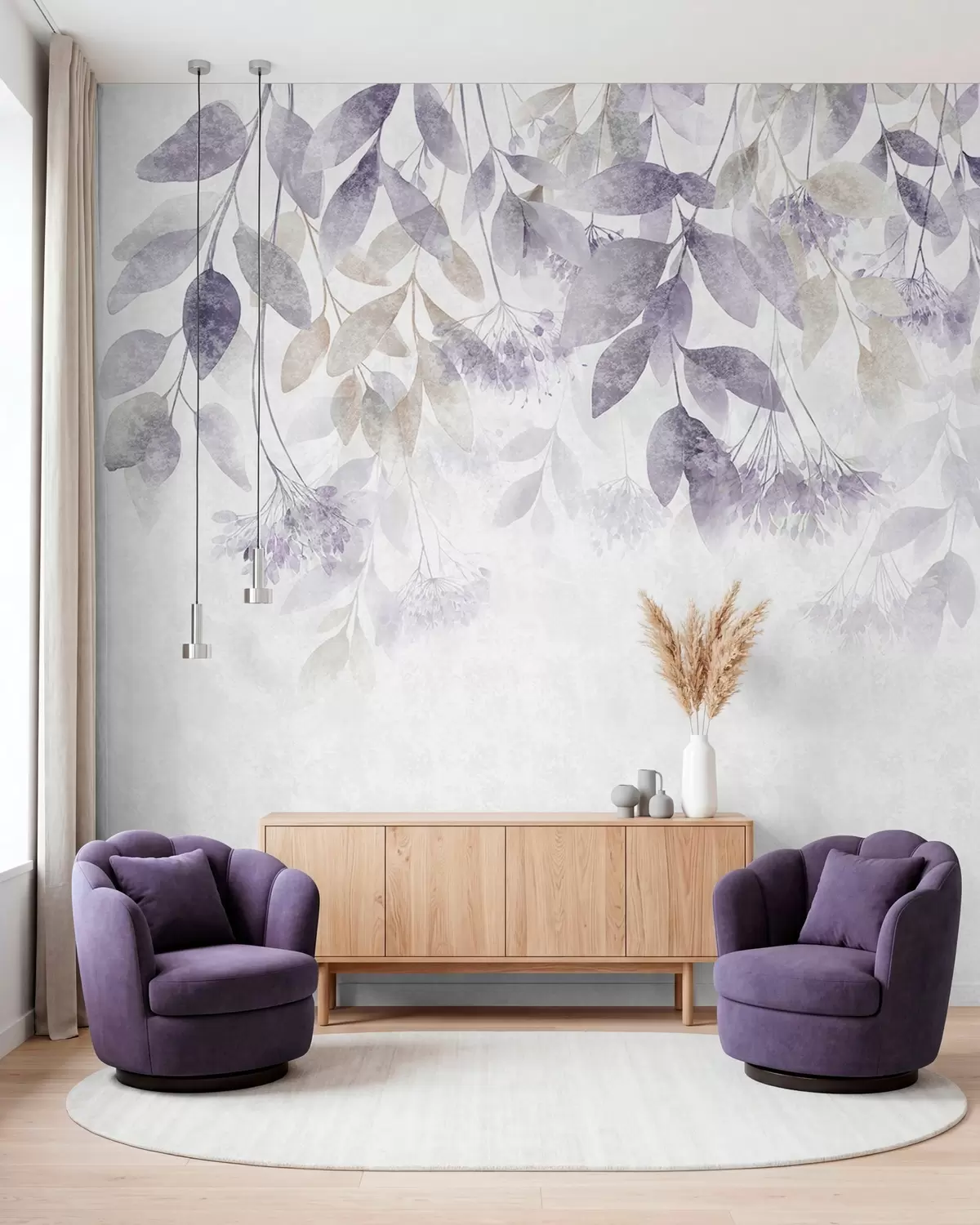 murales de pared hojas con textura y en cascada, con flores en tonos morados y beige w05565v3