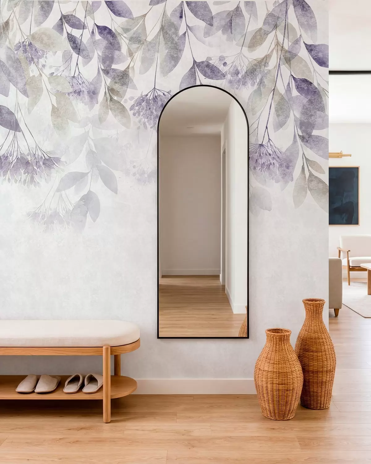 murales de pared hojas con textura y en cascada, con flores en tonos morados y beige w05565v3
