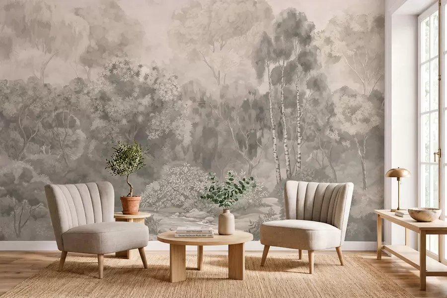 murales de pared Paisaje forestal de tonos claros con un río w05542