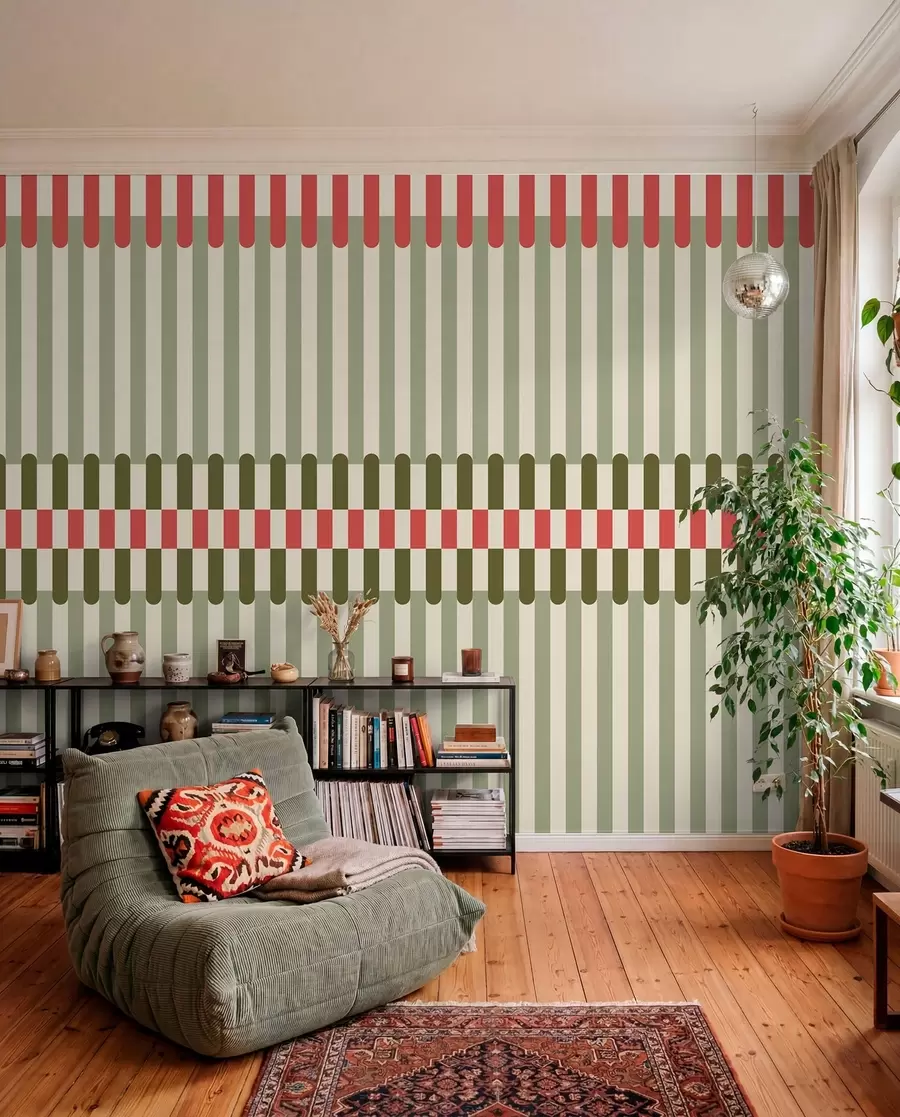 murales de pared Diseño a rayas en tonos verdes y coral w05150v4