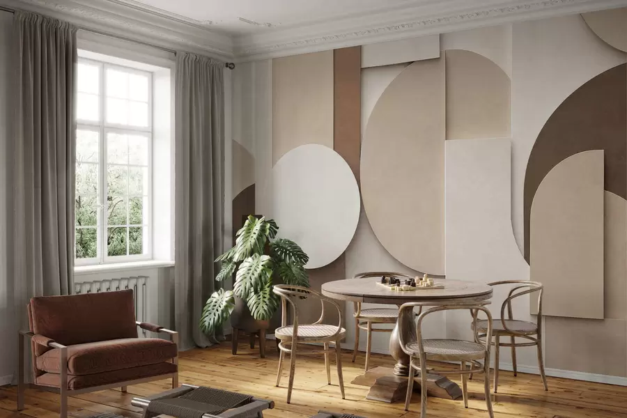 murales de pared Formas geométricas en beige con textura en una composición tridimensional en capas; obra de arte minimalista y moderna para la pared w05598