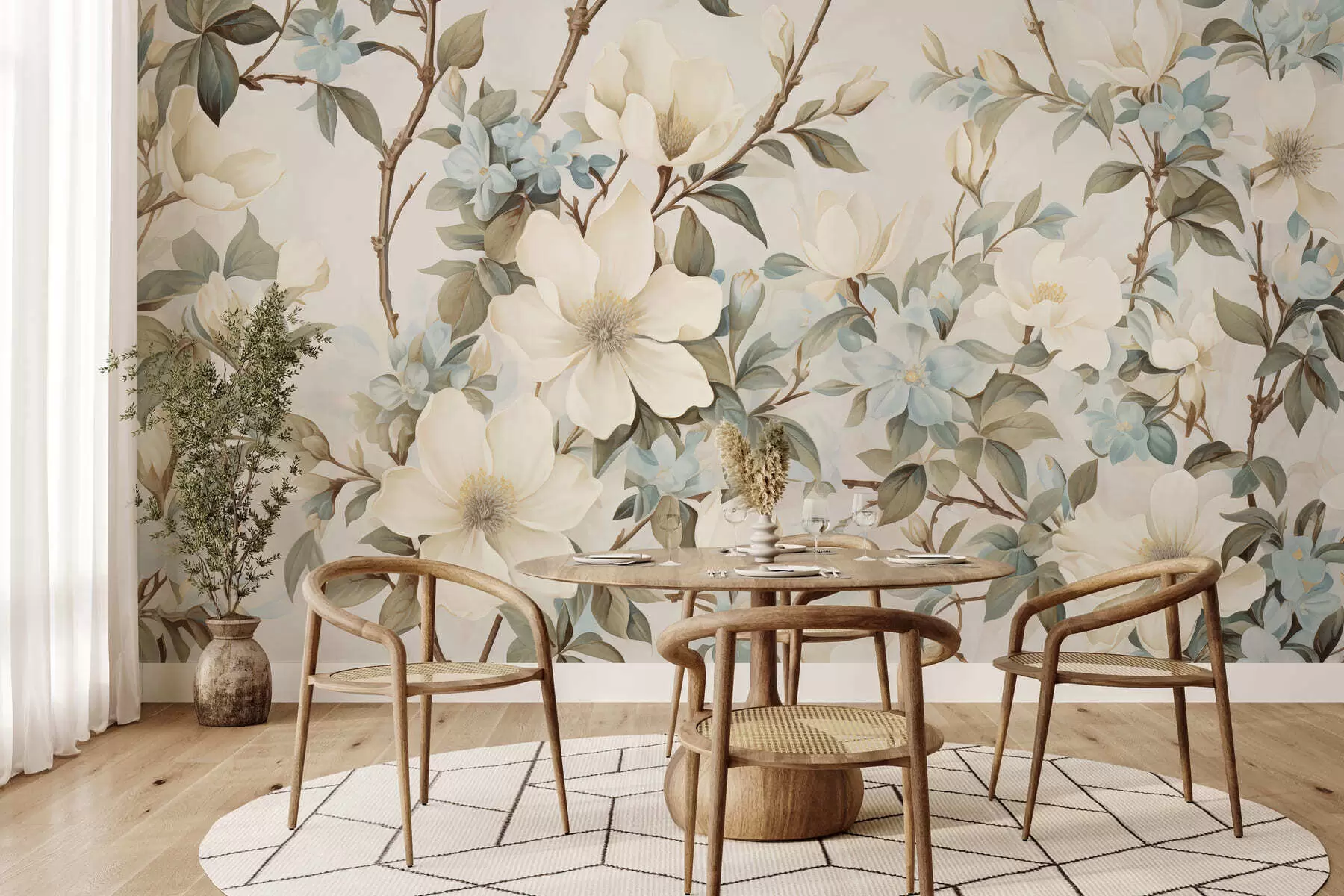 murales de pared Delicadas flores y suaves hojas verdes en un estilo pictórico vintage con sutiles pinceladas w05601
