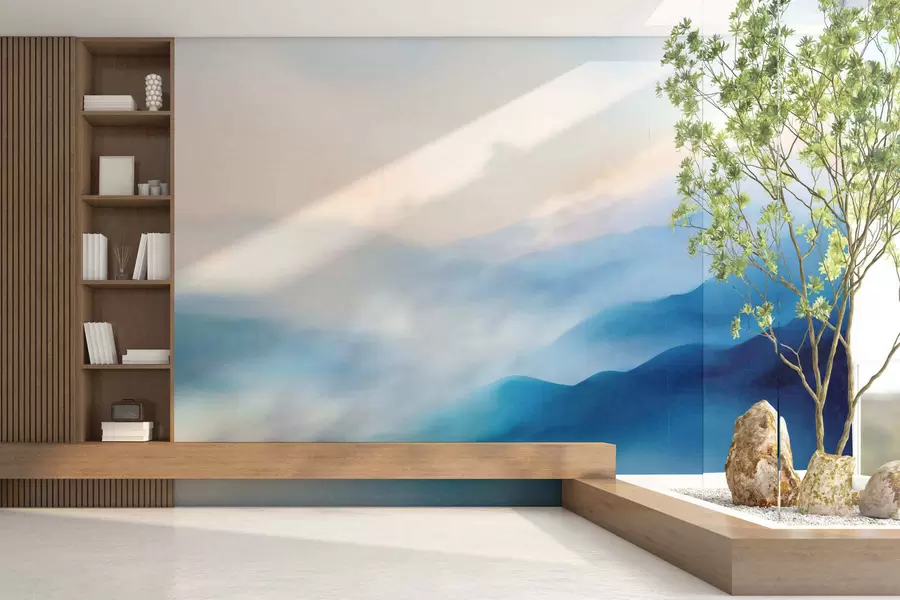 murales de pared Montañas pintadas en acuarela en tonos azules suaves, con degradados etéreos y una gran profundidad atmosférica w05605