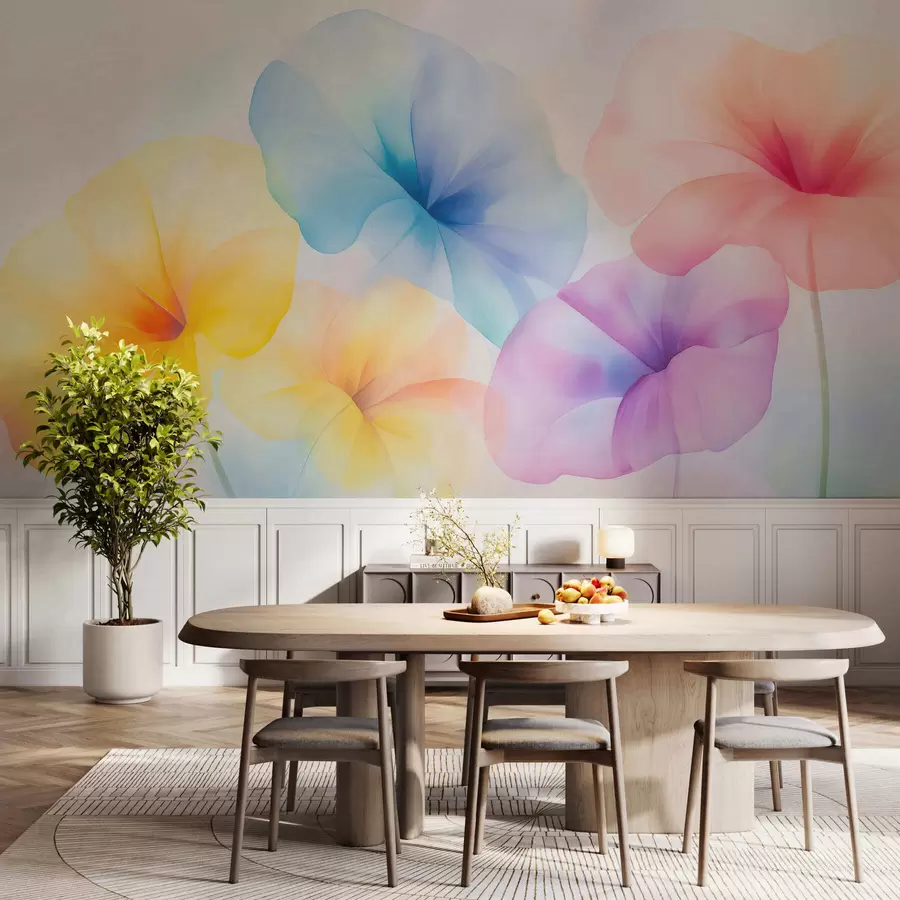 murales de pared Flores coloridas y translúcidas en suaves tonos pastel con un efecto de acuarela de ensueño w05607
