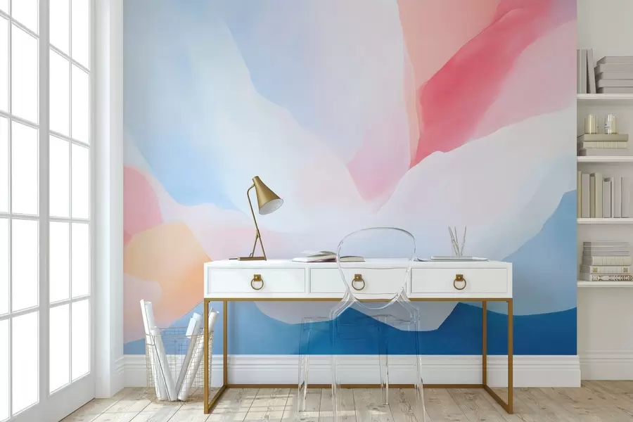 murales de pared Olas abstractas en tonos pastel con suaves degradados de rosa y azul al estilo de la acuarela w05609