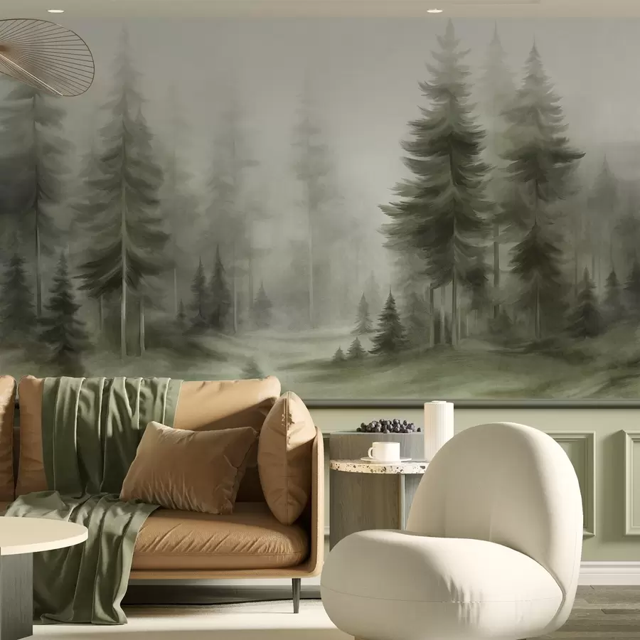 murales de pared Un bosque frondoso con altos pinos envueltos en una ligera niebla; obra de arte paisajística con textura w09830v1