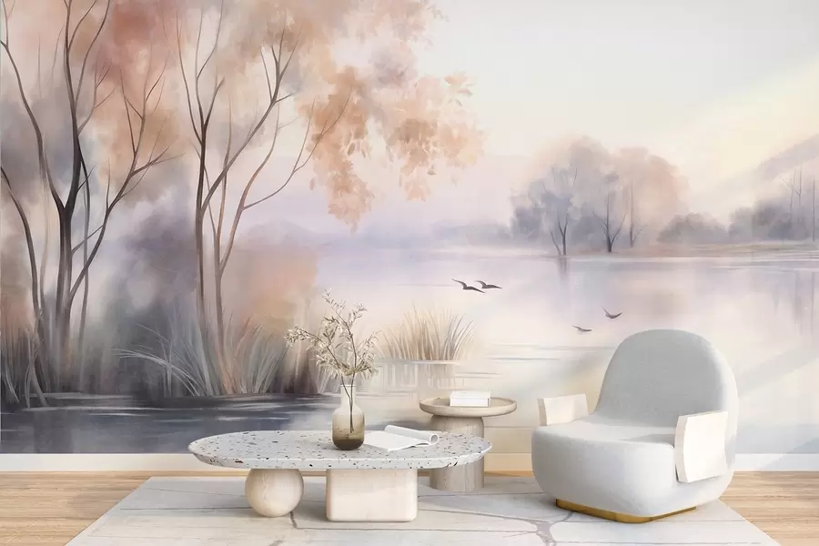murales de pared Paisaje: un lago envuelto en niebla con árboles y juncos, pájaros volando, estilo de pintura en acuarela con textura w09866