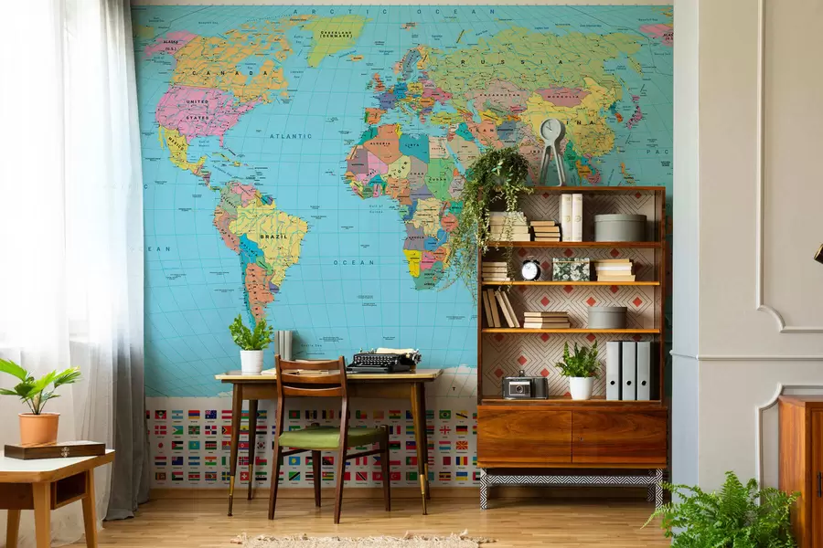 murales de pared Un mapa político del mundo a color con banderas, en inglés c00004en