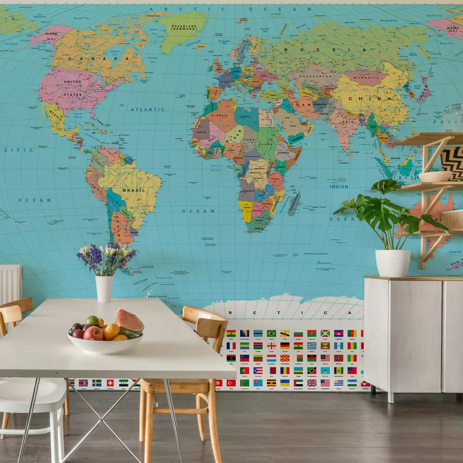 murales de pared Un mapa político del mundo a color con banderas, en inglés c00004en