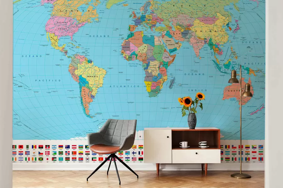 murales de pared Un mapa político del mundo en color verde oliva con banderas en español c00004es